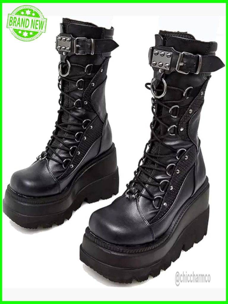 Women's Chunky Heel Lace Up Platform Combat Boots Mid Calf Gothic Punk